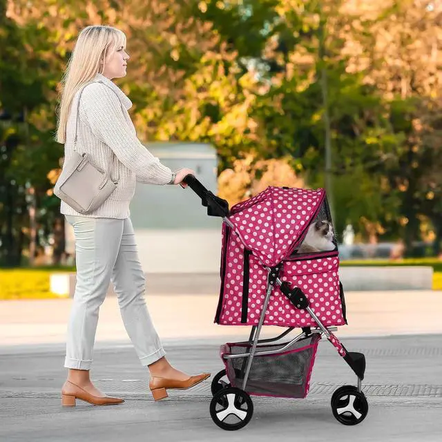 Alt view image 3 of 7 - Dog Stroller for Dogs and Cats, Foldable Pet Jogger Stroller with Cup Holders, Cat Stroller w/Bottom Storage for Pets up to 33 lbs, Polka Dots