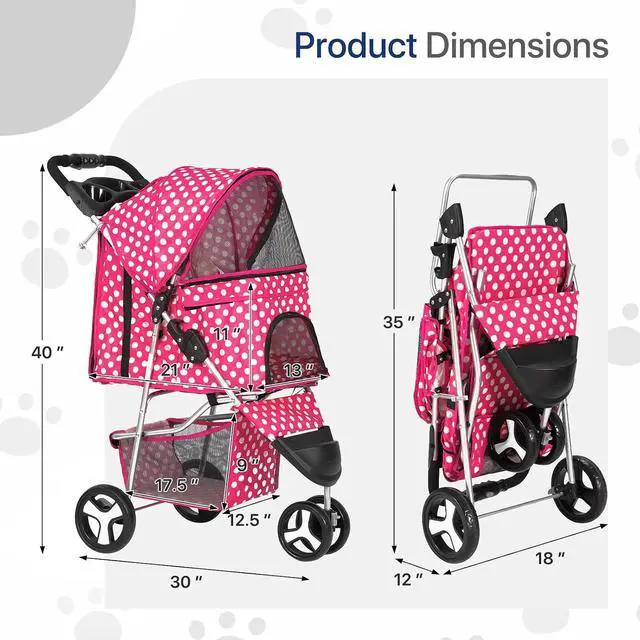 Alt view image 2 of 7 - Dog Stroller for Dogs and Cats, Foldable Pet Jogger Stroller with Cup Holders, Cat Stroller w/Bottom Storage for Pets up to 33 lbs, Polka Dots