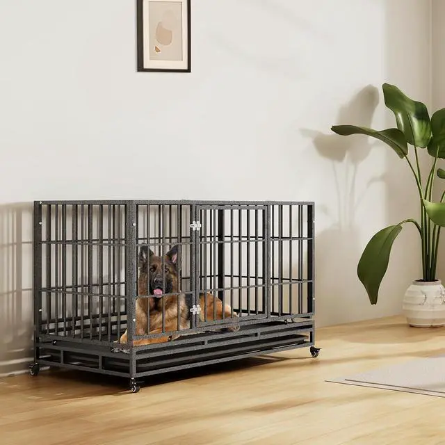 Alt view image 3 of 7 - Heavy Duty Dog Indestructible Crate with Lockable Wheels, Escape Proof Dog Kennel with Double-Door, Chew-Proof Pet Cage Indoor for Extra Large Dogs
