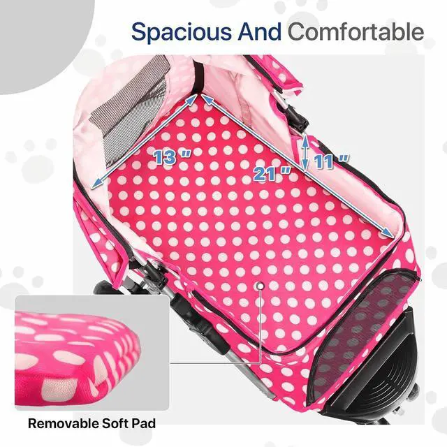 Alt view image 6 of 7 - Dog Stroller for Dogs and Cats, Foldable Pet Jogger Stroller with Cup Holders, Cat Stroller w/Bottom Storage for Pets up to 33 lbs, Polka Dots