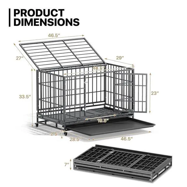 Alt view image 2 of 7 - Heavy Duty Dog Indestructible Crate with Lockable Wheels, Escape Proof Dog Kennel with Double-Door, Chew-Proof Pet Cage Indoor for Extra Large Dogs