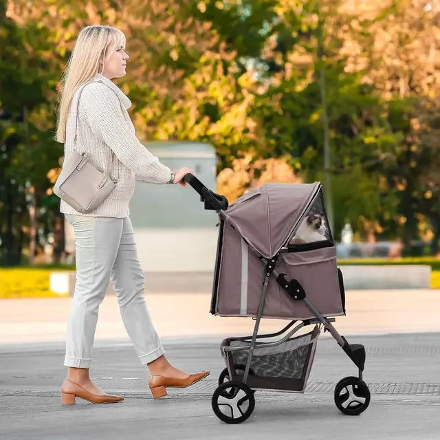 Alt view image 3 of 7 - Dog Stroller for Dogs and Cats, Foldable Pet Jogger Stroller with Cup Holders, Cat Stroller w/Bottom Storage for Pets up to 33 lbs, Coffee