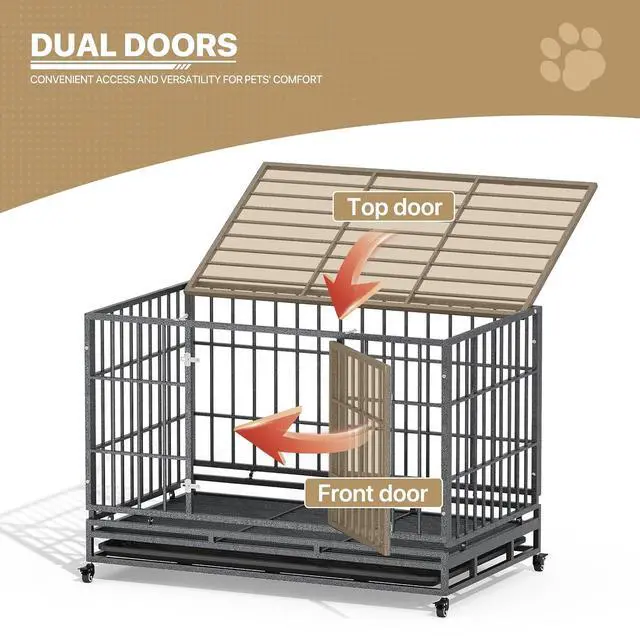 Alt view image 6 of 7 - Heavy Duty Dog Indestructible Crate with Lockable Wheels, Escape Proof Dog Kennel with Double-Door, Chew-Proof Pet Cage Indoor for Extra Large Dogs