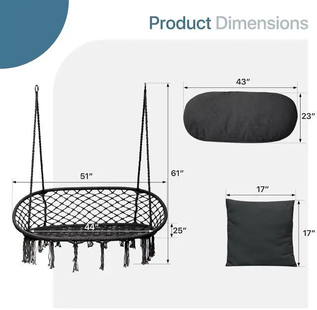 Alt view image 2 of 7 - Double Hammock Chair for Indoor & Outdoor Use, Durable Woven Cotton Ropes & Iron Frame, Comfortable Seating for Patio Garden and Porch, 700 lbs Capacity, Black