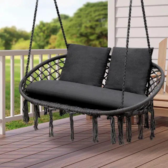 Alt view image 3 of 7 - Double Hammock Chair for Indoor & Outdoor Use, Durable Woven Cotton Ropes & Iron Frame, Comfortable Seating for Patio Garden and Porch, 700 lbs Capacity, Black