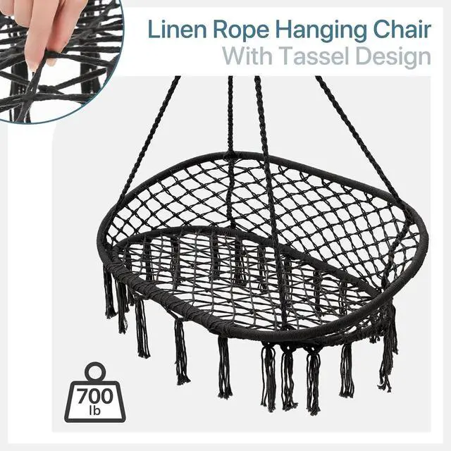 Alt view image 6 of 7 - Double Hammock Chair for Indoor & Outdoor Use, Durable Woven Cotton Ropes & Iron Frame, Comfortable Seating for Patio Garden and Porch, 700 lbs Capacity, Black