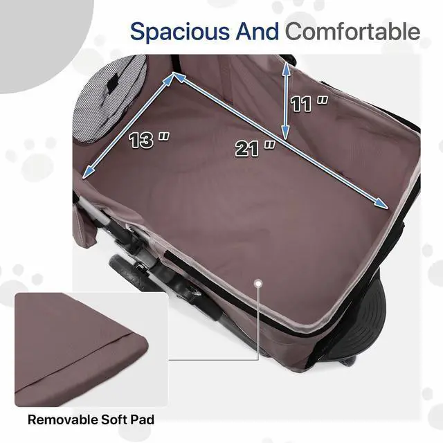 Alt view image 6 of 7 - Dog Stroller for Dogs and Cats, Foldable Pet Jogger Stroller with Cup Holders, Cat Stroller w/Bottom Storage for Pets up to 33 lbs, Coffee