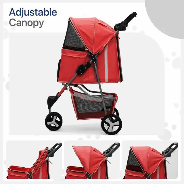 Alt view image 4 of 7 - Dog Stroller for Dogs and Cats, Foldable Pet Jogger Stroller with Cup Holders, Cat Stroller w/Bottom Storage for Pets up to 33 lbs, Red