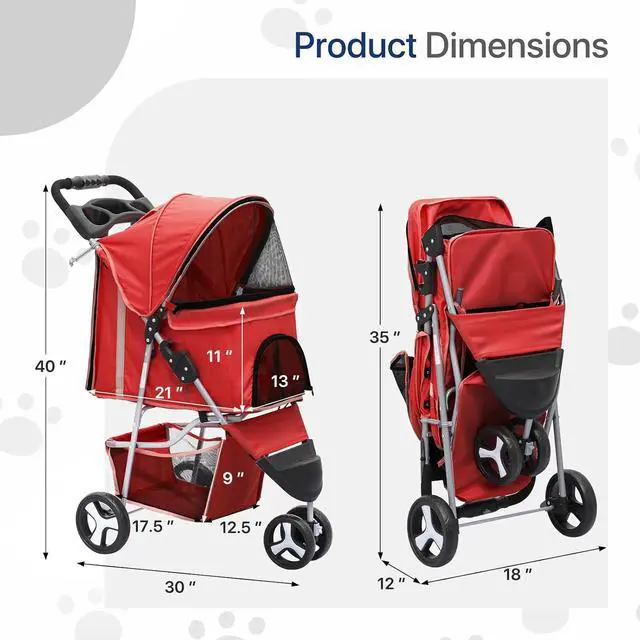 Alt view image 2 of 7 - Dog Stroller for Dogs and Cats, Foldable Pet Jogger Stroller with Cup Holders, Cat Stroller w/Bottom Storage for Pets up to 33 lbs, Red