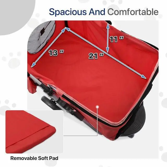 Alt view image 6 of 7 - Dog Stroller for Dogs and Cats, Foldable Pet Jogger Stroller with Cup Holders, Cat Stroller w/Bottom Storage for Pets up to 33 lbs, Red
