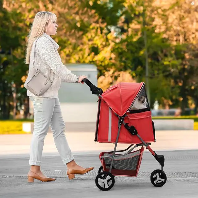 Alt view image 3 of 7 - Dog Stroller for Dogs and Cats, Foldable Pet Jogger Stroller with Cup Holders, Cat Stroller w/Bottom Storage for Pets up to 33 lbs, Red