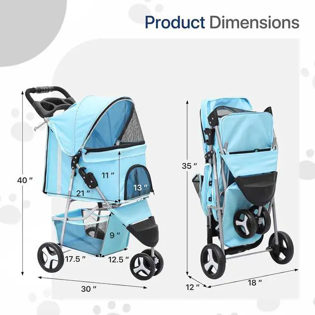 Alt view image 2 of 7 - Dog Stroller for Dogs and Cats, Foldable Pet Jogger Stroller with Cup Holders, Cat Stroller w/Bottom Storage for Pets up to 33 lbs, Mint Green