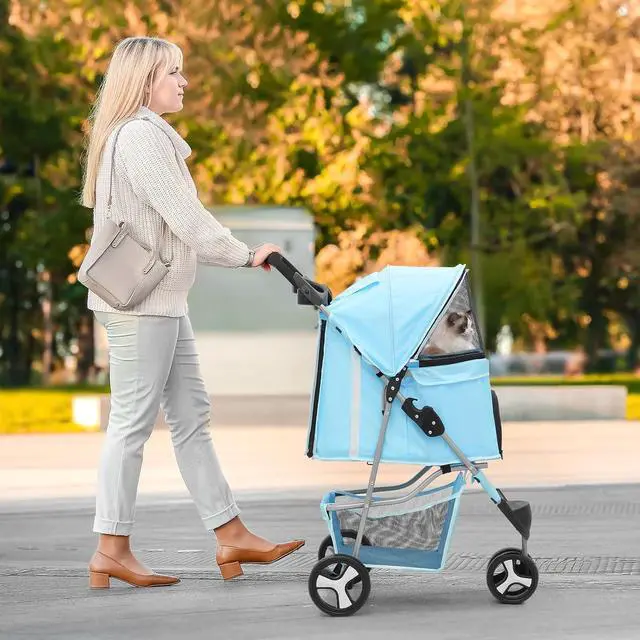 Alt view image 3 of 7 - Dog Stroller for Dogs and Cats, Foldable Pet Jogger Stroller with Cup Holders, Cat Stroller w/Bottom Storage for Pets up to 33 lbs, Mint Green