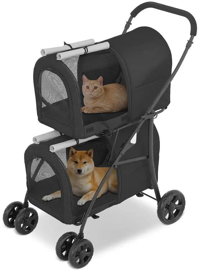 Main image of Double Pet Stroller for Dogs and Cats with 2 Detachable Carrier, 4 Wheels Lightweight Easy-Fold Jogger for Small Medium Pets, Black/Gray