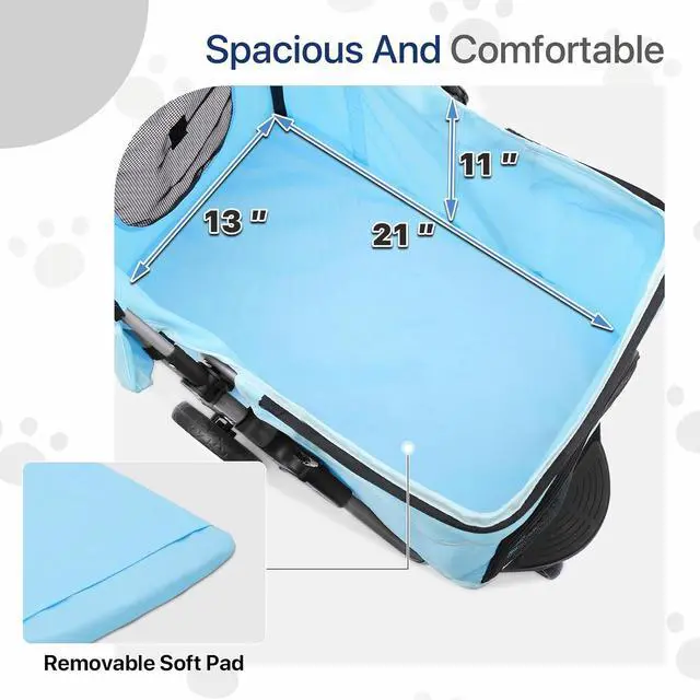 Alt view image 6 of 7 - Dog Stroller for Dogs and Cats, Foldable Pet Jogger Stroller with Cup Holders, Cat Stroller w/Bottom Storage for Pets up to 33 lbs, Mint Green