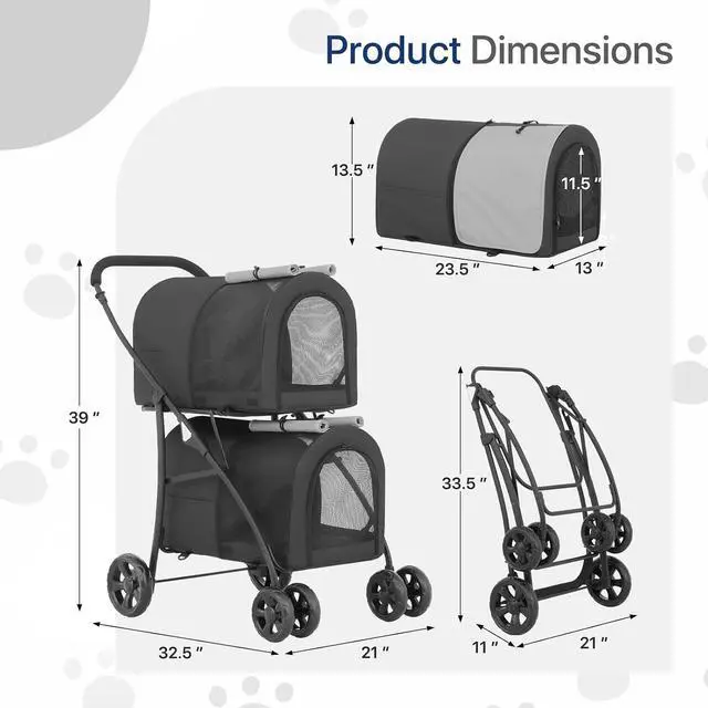Alt view image 2 of 7 - Double Pet Stroller for Dogs and Cats with 2 Detachable Carrier, 4 Wheels Lightweight Easy-Fold Jogger for Small Medium Pets, Black/Gray