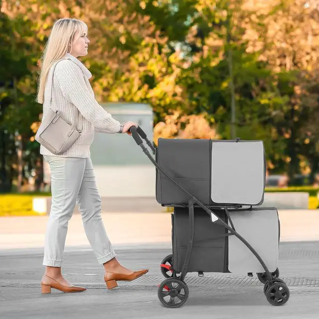 Alt view image 3 of 7 - Double Pet Stroller for Dogs and Cats with 2 Detachable Carrier, 4 Wheels Lightweight Easy-Fold Jogger for Small Medium Pets, Black/Gray