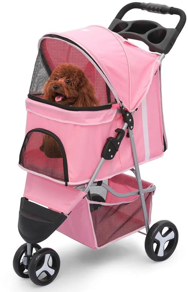 Main image of Dog Stroller for Dogs and Cats, Foldable Pet Jogger Stroller with Cup Holders, Cat Stroller w/Bottom Storage for Pets up to 33 lbs, Pink