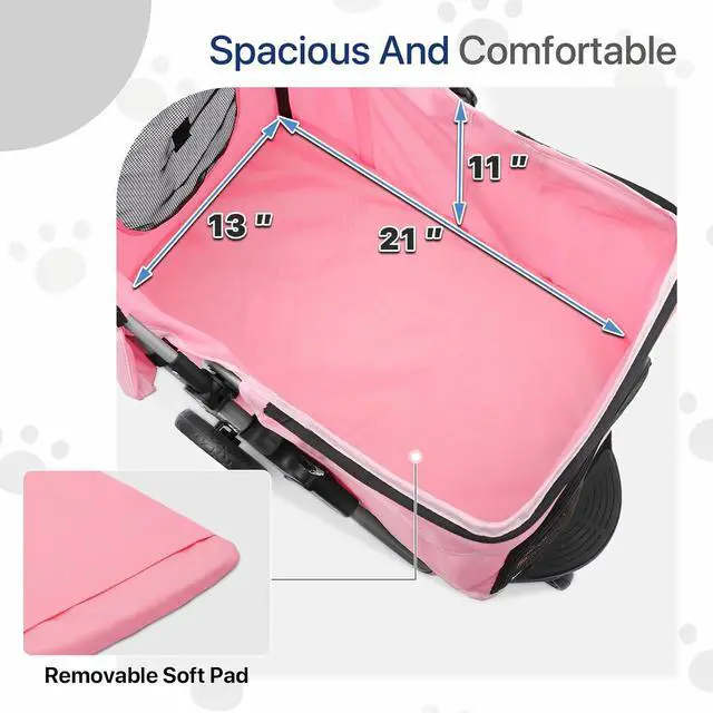 Alt view image 6 of 7 - Dog Stroller for Dogs and Cats, Foldable Pet Jogger Stroller with Cup Holders, Cat Stroller w/Bottom Storage for Pets up to 33 lbs, Pink
