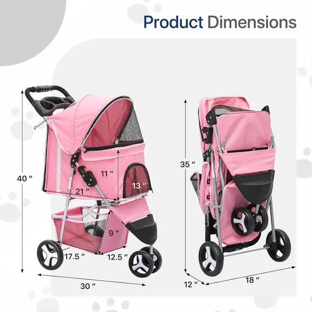 Alt view image 2 of 7 - Dog Stroller for Dogs and Cats, Foldable Pet Jogger Stroller with Cup Holders, Cat Stroller w/Bottom Storage for Pets up to 33 lbs, Pink
