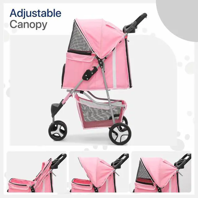 Alt view image 4 of 7 - Dog Stroller for Dogs and Cats, Foldable Pet Jogger Stroller with Cup Holders, Cat Stroller w/Bottom Storage for Pets up to 33 lbs, Pink