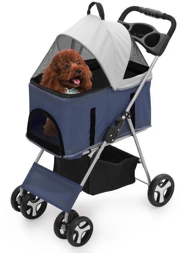 Main image of 3-in-1 Foldable Dog Stroller with Detachable Carrier & Cup Holder, 4 Wheel Foldable Jogging Travel Stroller for Small/Medium Dogs & Cats up to 33 lbs, Navy Blue