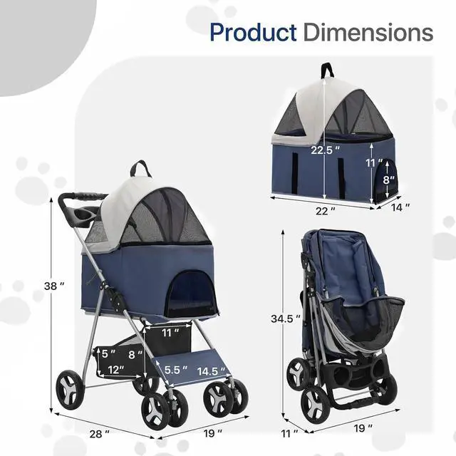 Alt view image 2 of 7 - 3-in-1 Foldable Dog Stroller with Detachable Carrier & Cup Holder, 4 Wheel Foldable Jogging Travel Stroller for Small/Medium Dogs & Cats up to 33 lbs, Navy Blue