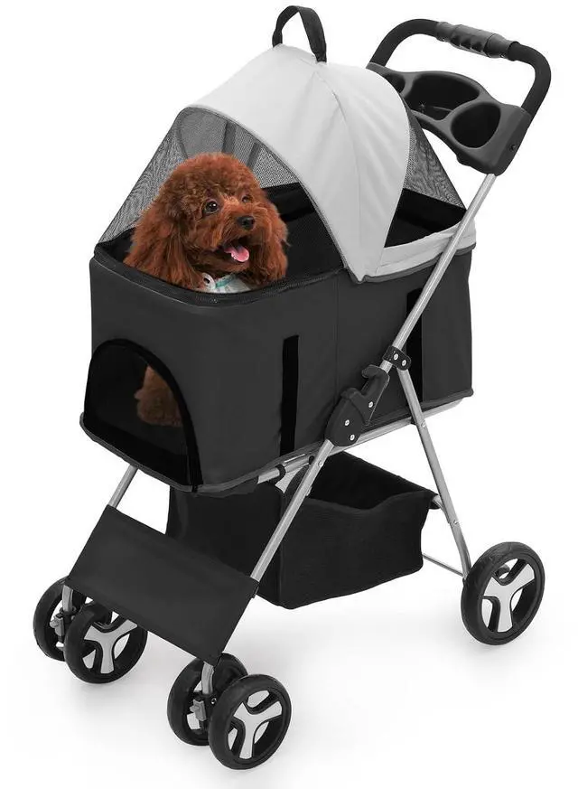 Main image of 3-in-1 Foldable Dog Stroller with Detachable Carrier & Cup Holder, 4 Wheel Foldable Jogging Travel Stroller for Small/Medium Dogs & Cats up to 33 lbs, Black