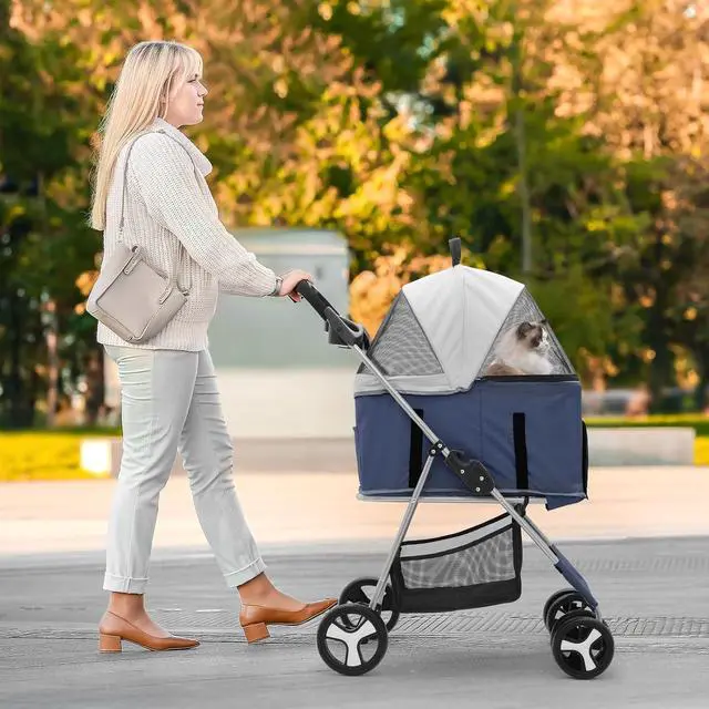 Alt view image 3 of 7 - 3-in-1 Foldable Dog Stroller with Detachable Carrier & Cup Holder, 4 Wheel Foldable Jogging Travel Stroller for Small/Medium Dogs & Cats up to 33 lbs, Navy Blue