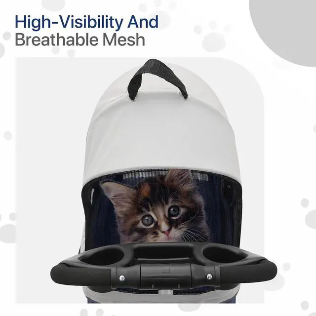 Alt view image 7 of 7 - 3-in-1 Foldable Dog Stroller with Detachable Carrier & Cup Holder, 4 Wheel Foldable Jogging Travel Stroller for Small/Medium Dogs & Cats up to 33 lbs, Navy Blue
