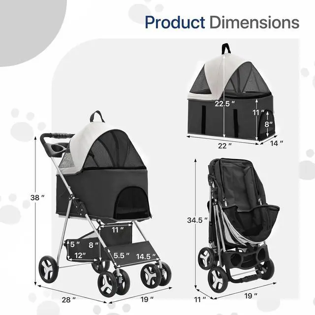 Alt view image 2 of 7 - 3-in-1 Foldable Dog Stroller with Detachable Carrier & Cup Holder, 4 Wheel Foldable Jogging Travel Stroller for Small/Medium Dogs & Cats up to 33 lbs, Black