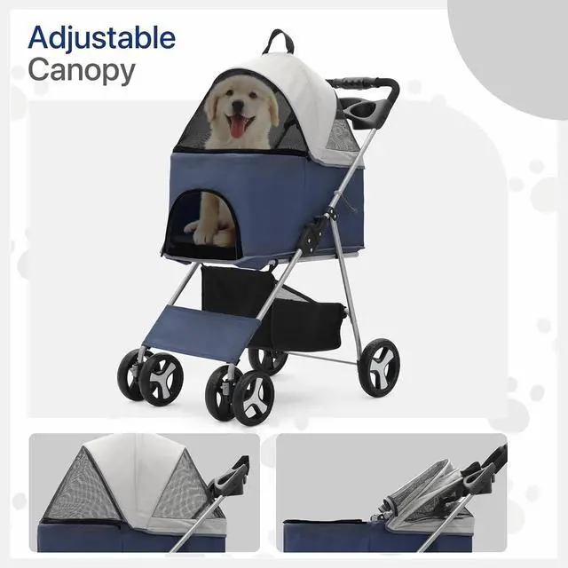 Alt view image 4 of 7 - 3-in-1 Foldable Dog Stroller with Detachable Carrier & Cup Holder, 4 Wheel Foldable Jogging Travel Stroller for Small/Medium Dogs & Cats up to 33 lbs, Navy Blue