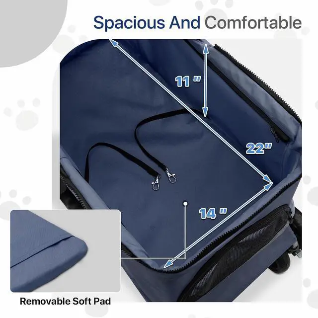 Alt view image 6 of 7 - 3-in-1 Foldable Dog Stroller with Detachable Carrier & Cup Holder, 4 Wheel Foldable Jogging Travel Stroller for Small/Medium Dogs & Cats up to 33 lbs, Navy Blue