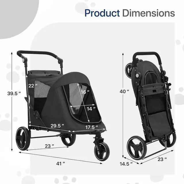 Alt view image 2 of 7 - Pet Stroller for Large Dogs, Adjustable Multi-Position Handle, Rubber Wheels, Dual Entry and Locking Rear Wheels, 3-Wheel Folding Pet Wagon for Pets up to 55 lbs, Black