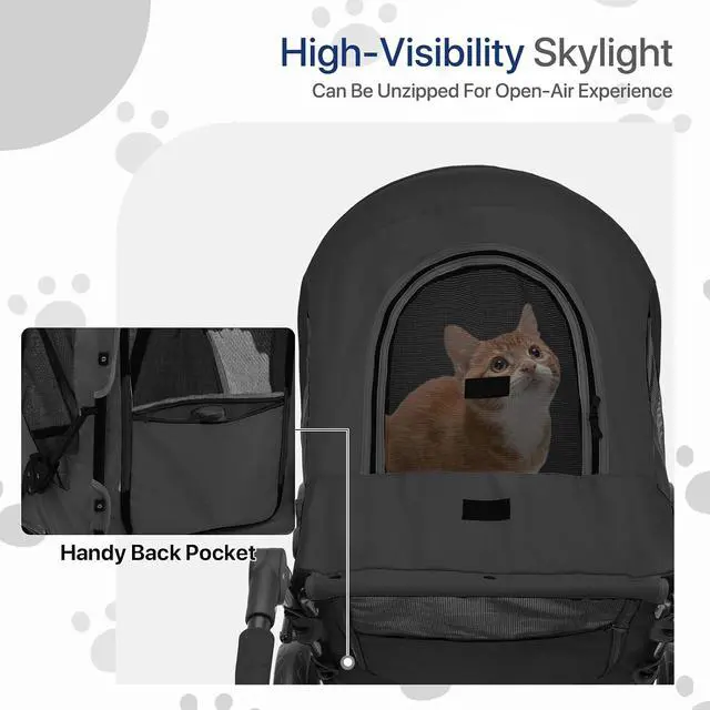 Alt view image 4 of 7 - Pet Stroller for Large Dogs, Adjustable Multi-Position Handle, Rubber Wheels, Dual Entry and Locking Rear Wheels, 3-Wheel Folding Pet Wagon for Pets up to 55 lbs, Black