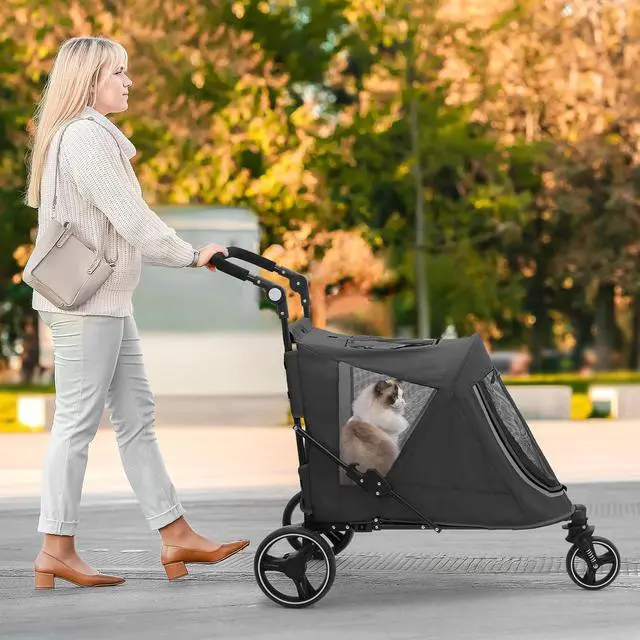 Alt view image 3 of 7 - Pet Stroller for Large Dogs, Adjustable Multi-Position Handle, Rubber Wheels, Dual Entry and Locking Rear Wheels, 3-Wheel Folding Pet Wagon for Pets up to 55 lbs, Black