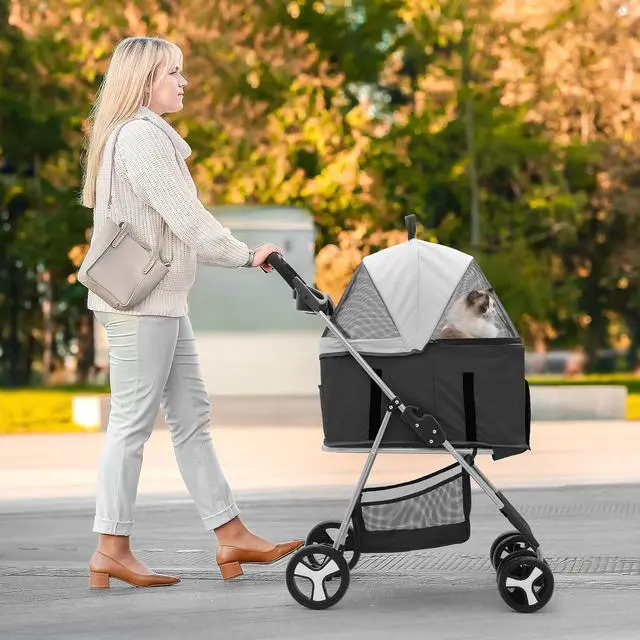 Alt view image 3 of 7 - 3-in-1 Foldable Dog Stroller with Detachable Carrier & Cup Holder, 4 Wheel Foldable Jogging Travel Stroller for Small/Medium Dogs & Cats up to 33 lbs, Black