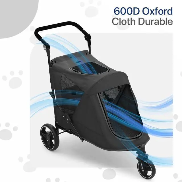 Alt view image 6 of 7 - Pet Stroller for Large Dogs, Adjustable Multi-Position Handle, Rubber Wheels, Dual Entry and Locking Rear Wheels, 3-Wheel Folding Pet Wagon for Pets up to 55 lbs, Black