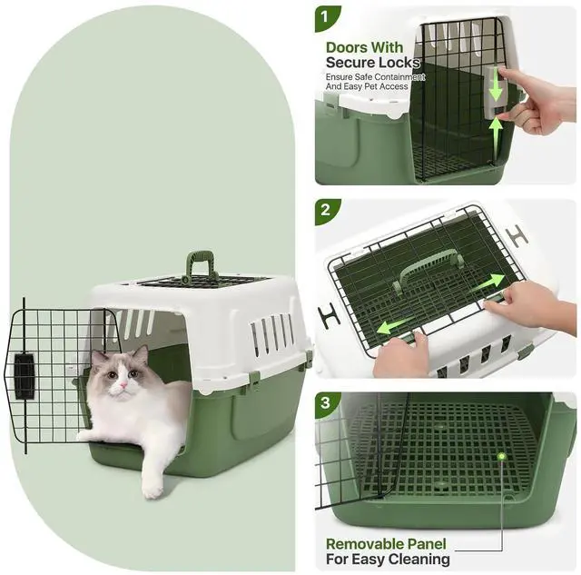 Alt view image 6 of 7 - 22 Inch Hard-Sided Plastic Dog Carrier 2 Door Travel Crate for Small Dogs Cats up to 22 lbs, Durable Handle, Security Lock Design, Green