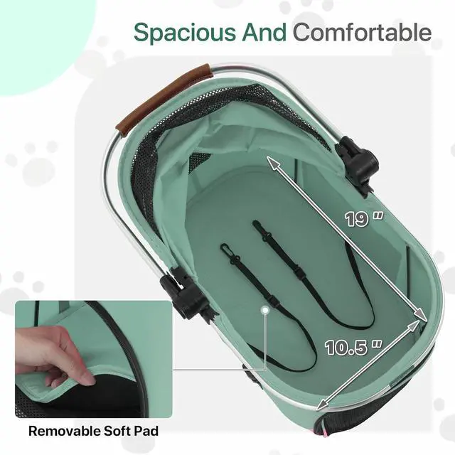 Alt view image 5 of 7 - Lightweight Pet Stroller 3-in-1 Detachable Carrier w/Aluminum Frame, Car Seat, Sun Shades, Foldable Jogging Travel Stroller, Ideal for Small/Medium Dogs & Cats, Mint Green