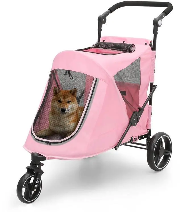 Main image of Pet Stroller for Large Dogs, Adjustable Multi-Position Handle, Rubber Wheels, Dual Entry and Locking Rear Wheels, 3-Wheel Folding Pet Wagon for Pets up to 55 lbs, Pink