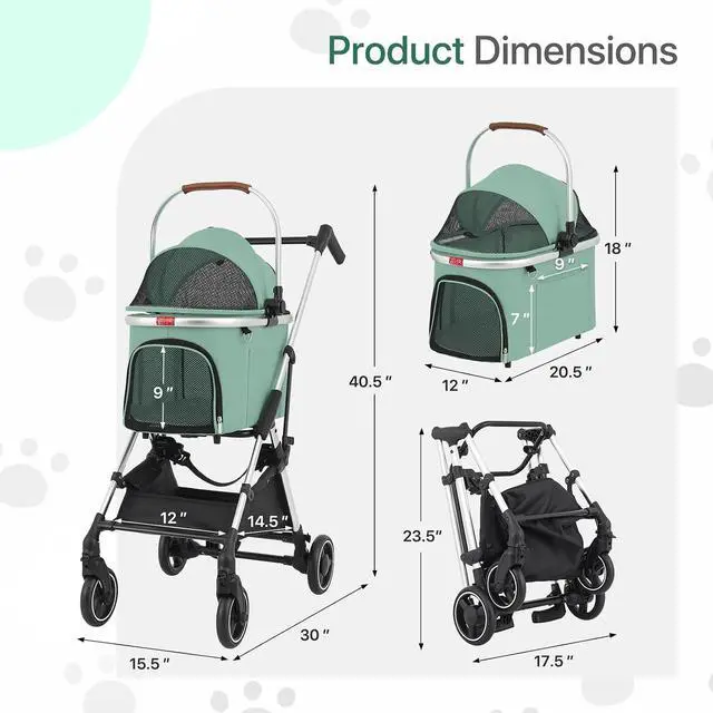 Alt view image 2 of 7 - Lightweight Pet Stroller 3-in-1 Detachable Carrier w/Aluminum Frame, Car Seat, Sun Shades, Foldable Jogging Travel Stroller, Ideal for Small/Medium Dogs & Cats, Mint Green