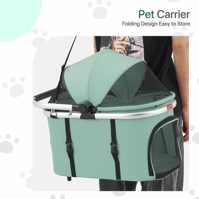 Alt view image 6 of 7 - Lightweight Pet Stroller 3-in-1 Detachable Carrier w/Aluminum Frame, Car Seat, Sun Shades, Foldable Jogging Travel Stroller, Ideal for Small/Medium Dogs & Cats, Mint Green