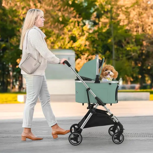 Alt view image 3 of 7 - Lightweight Pet Stroller 3-in-1 Detachable Carrier w/Aluminum Frame, Car Seat, Sun Shades, Foldable Jogging Travel Stroller, Ideal for Small/Medium Dogs & Cats, Mint Green