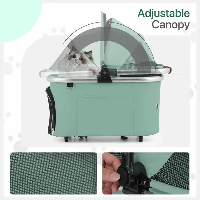 Alt view image 4 of 7 - Lightweight Pet Stroller 3-in-1 Detachable Carrier w/Aluminum Frame, Car Seat, Sun Shades, Foldable Jogging Travel Stroller, Ideal for Small/Medium Dogs & Cats, Mint Green