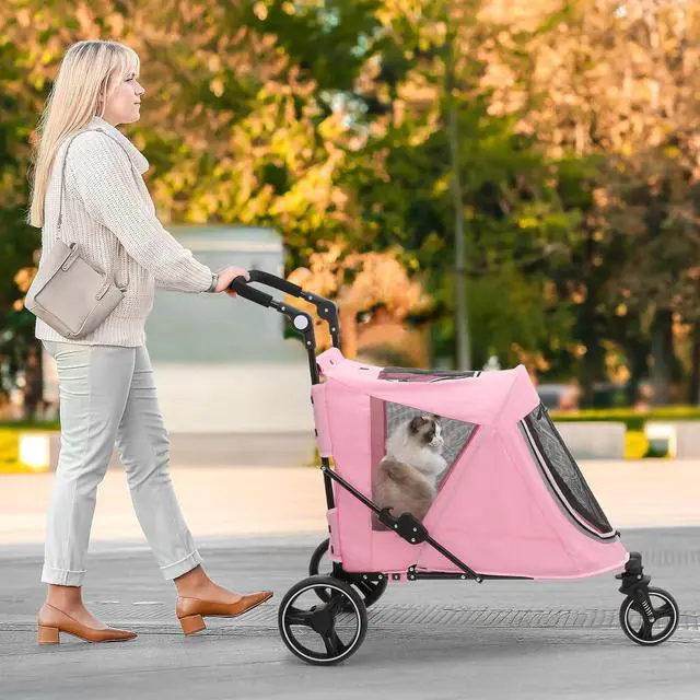 Alt view image 3 of 7 - Pet Stroller for Large Dogs, Adjustable Multi-Position Handle, Rubber Wheels, Dual Entry and Locking Rear Wheels, 3-Wheel Folding Pet Wagon for Pets up to 55 lbs, Pink