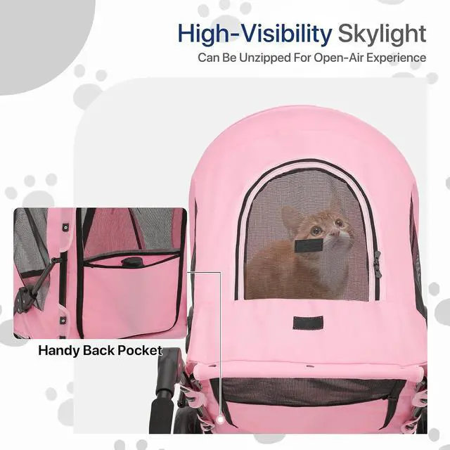 Alt view image 4 of 7 - Pet Stroller for Large Dogs, Adjustable Multi-Position Handle, Rubber Wheels, Dual Entry and Locking Rear Wheels, 3-Wheel Folding Pet Wagon for Pets up to 55 lbs, Pink