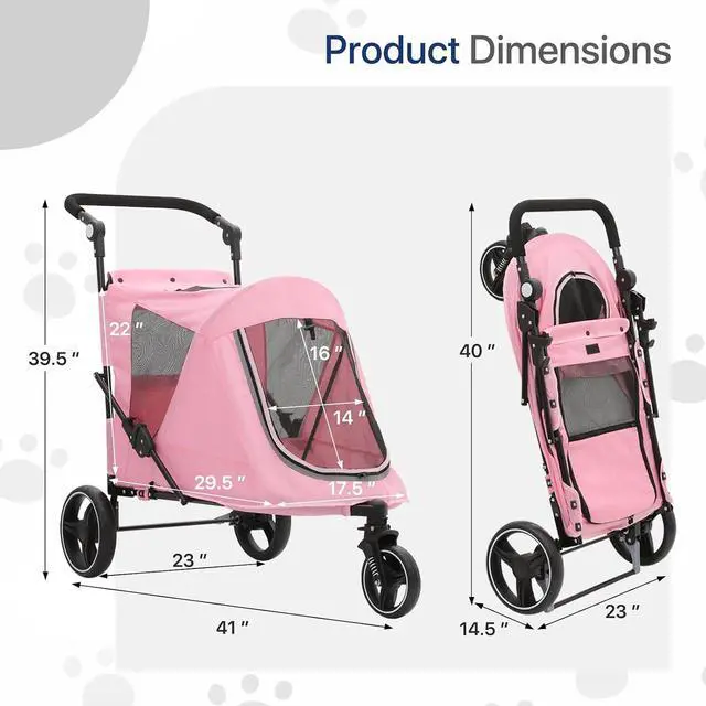 Alt view image 2 of 7 - Pet Stroller for Large Dogs, Adjustable Multi-Position Handle, Rubber Wheels, Dual Entry and Locking Rear Wheels, 3-Wheel Folding Pet Wagon for Pets up to 55 lbs, Pink
