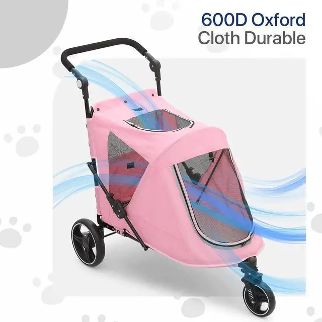 Alt view image 6 of 7 - Pet Stroller for Large Dogs, Adjustable Multi-Position Handle, Rubber Wheels, Dual Entry and Locking Rear Wheels, 3-Wheel Folding Pet Wagon for Pets up to 55 lbs, Pink