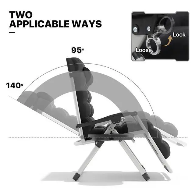 Alt view image 4 of 7 - Reinforced Zero Gravity Chair, Folding Pool Beach Lounger, Portable Tanning Chaise with Cushion, Headrest and Side Tray, 330lbs Capacity - Black